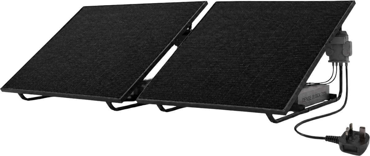 An 800W plug-in solar kit on a ground frame in a garden